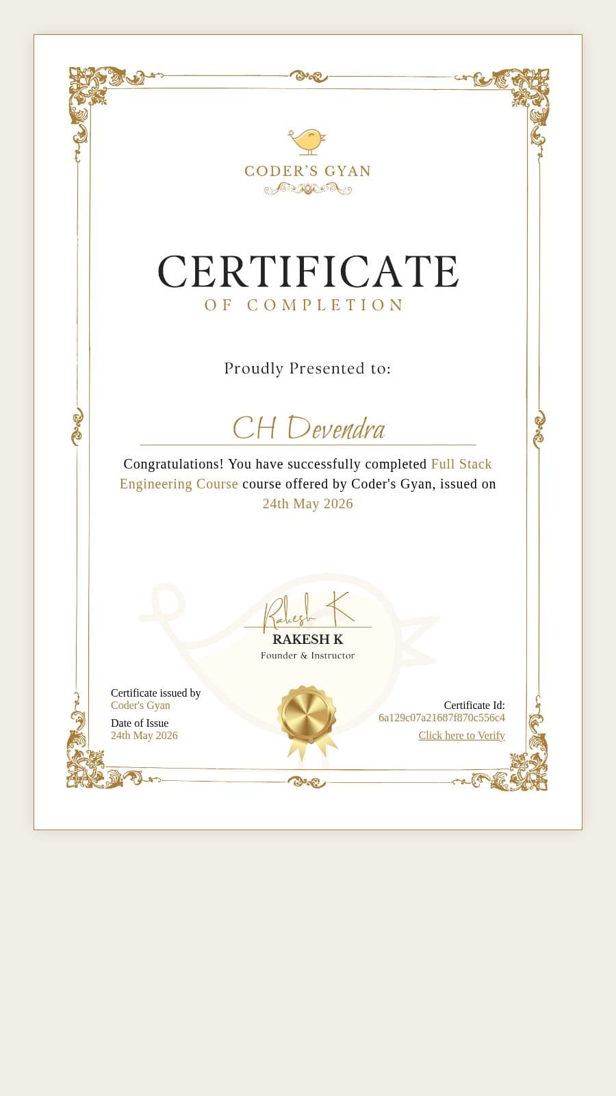Full Stack Engineering course certificate issued by Coder's Gyan to Devendra