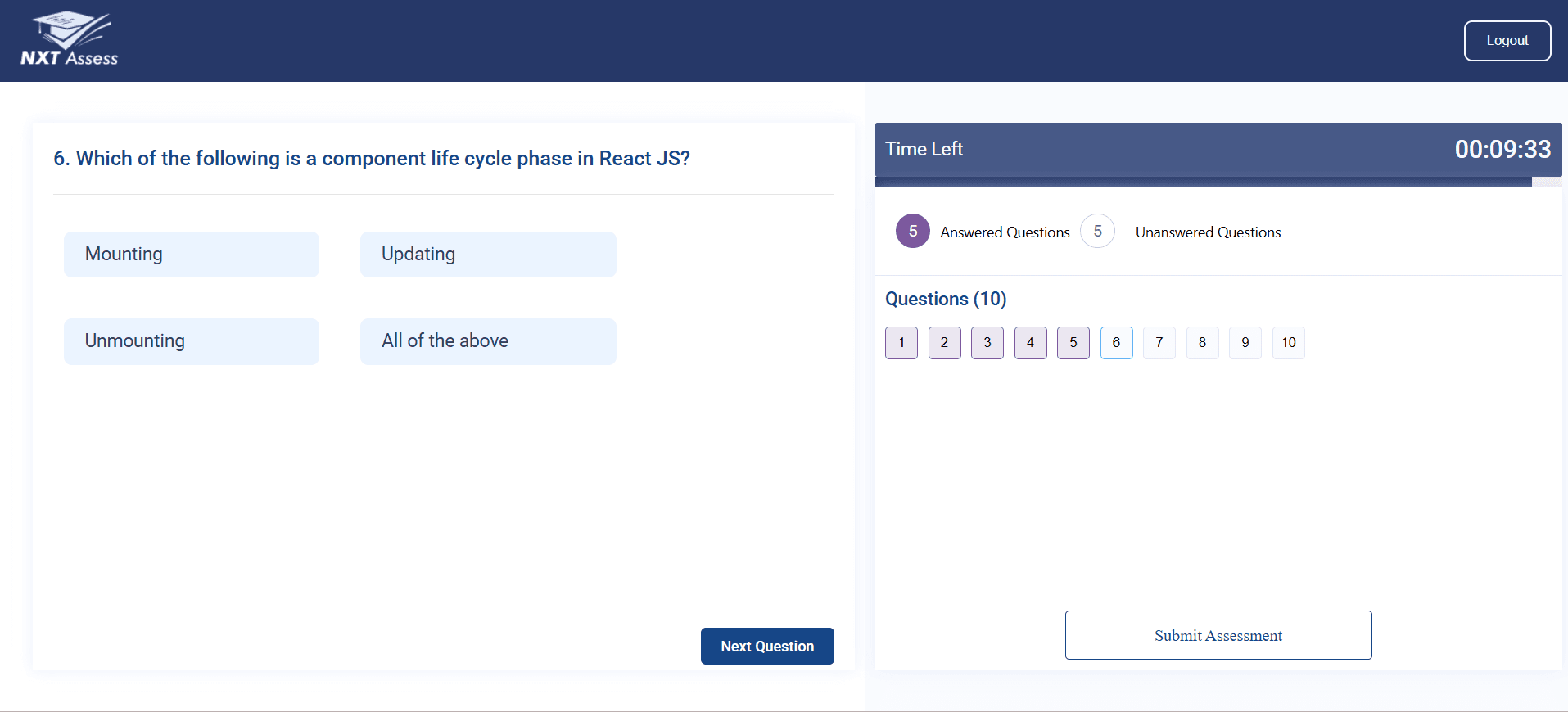 NXT Assess multiple-choice question screen